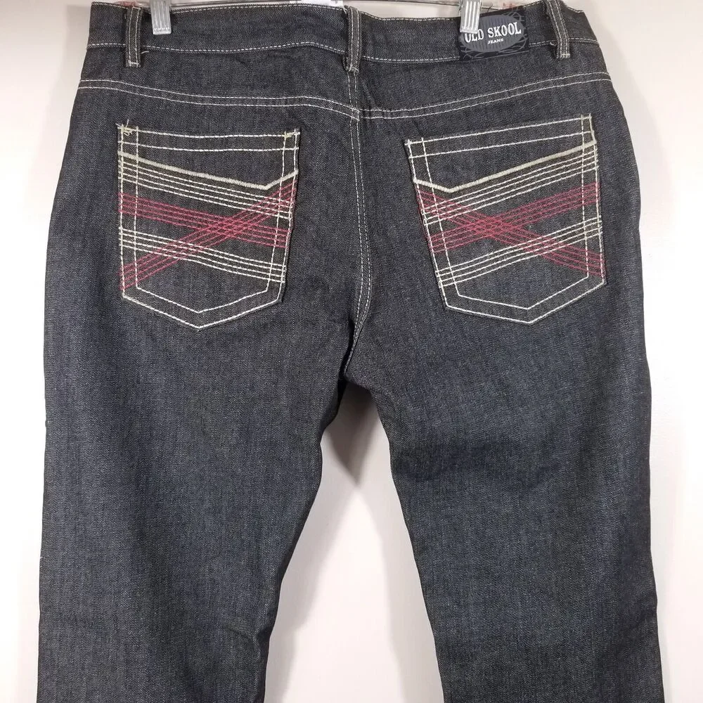 Old Skool Jeans Mens 38 Black Denim Hip Hop Y2K Streetwear Pants 38x32